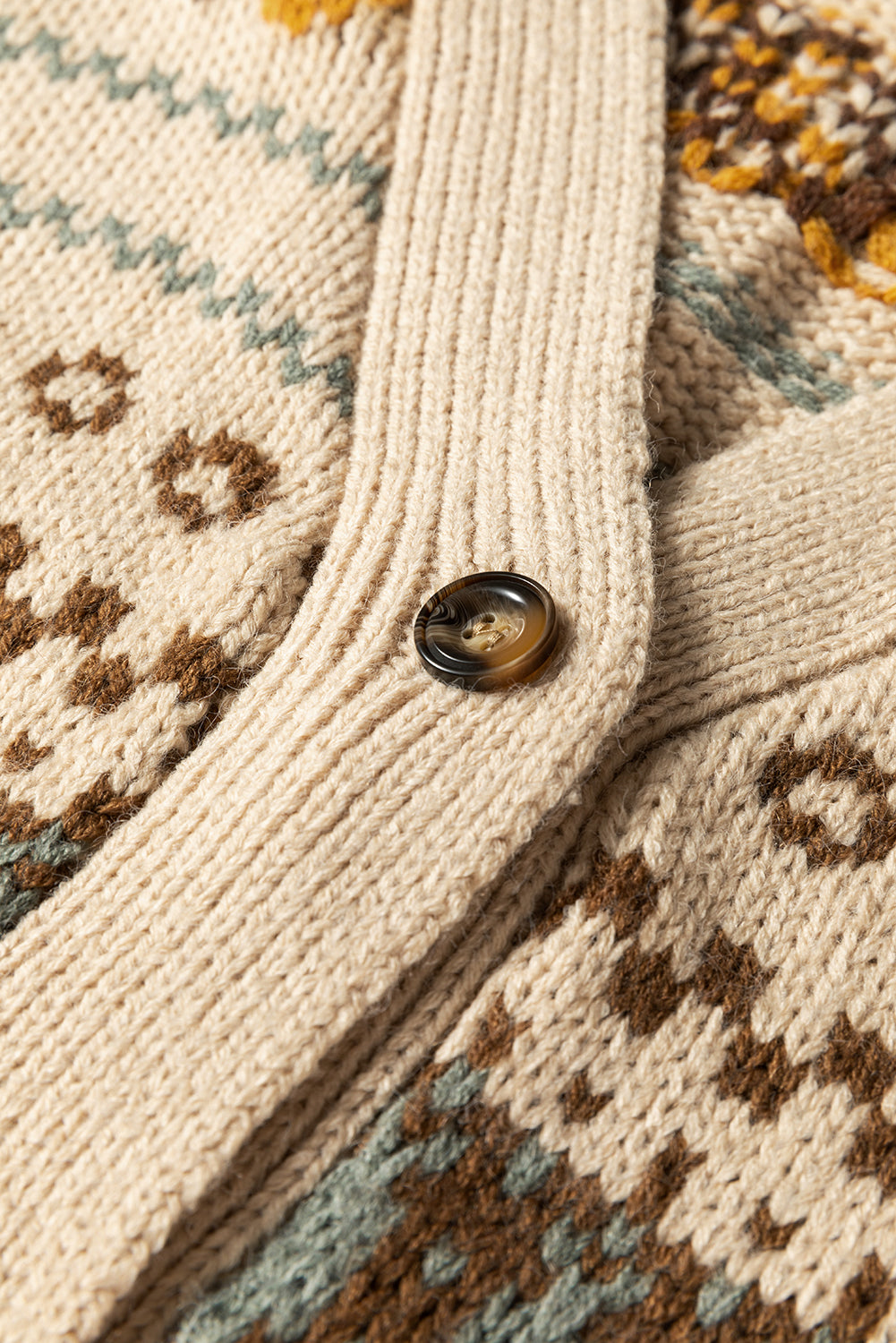 Khaki Western Pattern Knitted Button V Neck Cardigan Sweater