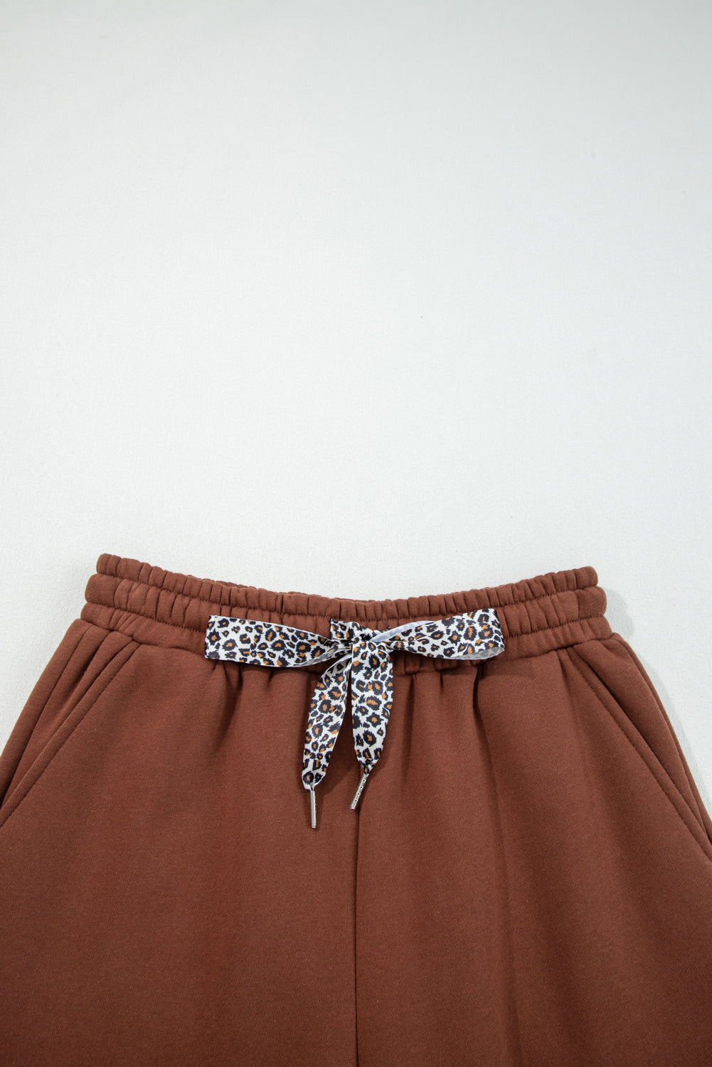 Dear Lovers Coffee Fleece Lined Leopard Drawstring Elastic Waist Solid Pants