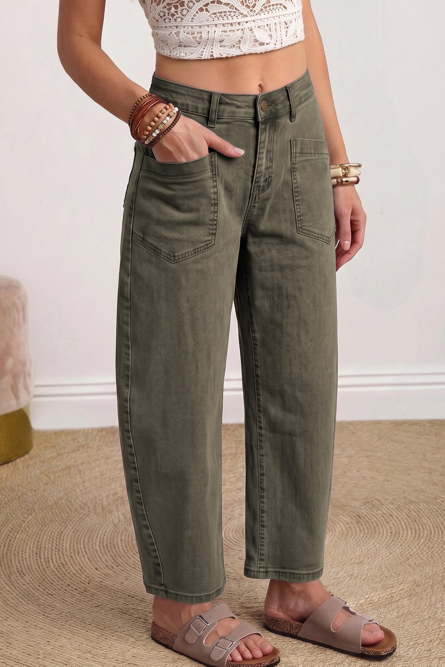 Four Leaf Clover Solid Color Square Patch Pocket Ankle-length Barrel Jeans