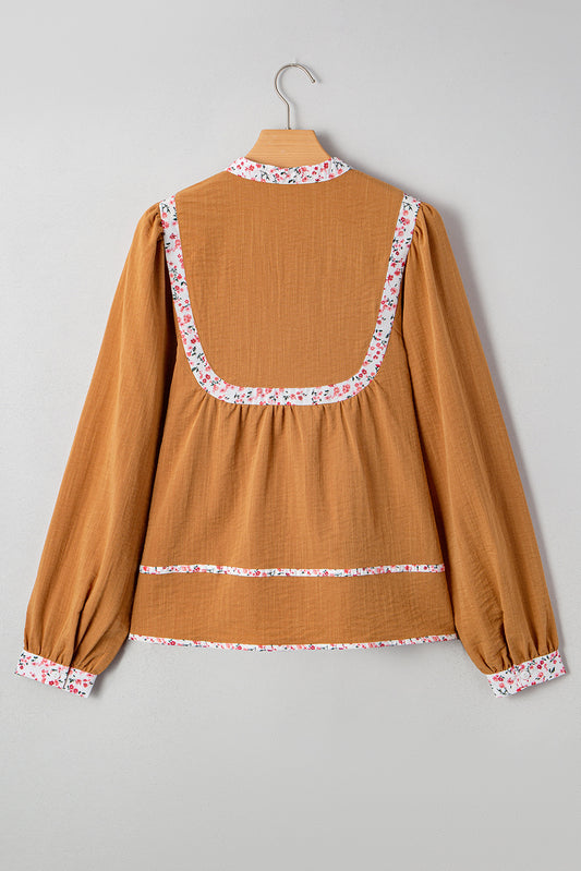 Straw Yellow Split Neck Pleated Floral Trim Long Puff Sleeve Blouse