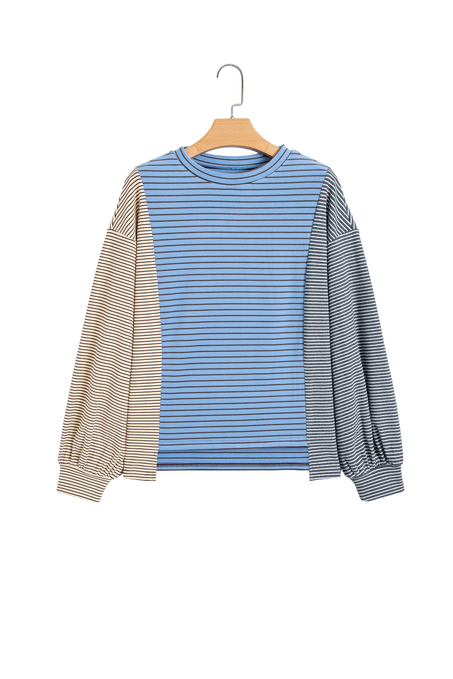 Sky Blue Stripe Color Block Contrast Long Sleeve Round Neck Casual Shift Pullover