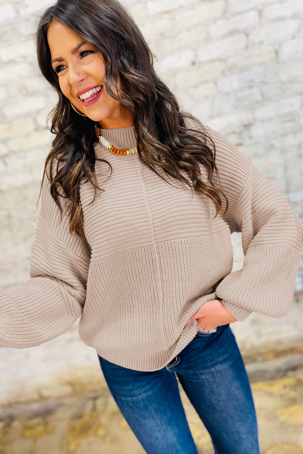 Parchment Mixed Texture Patchwork Knitted Puff Sleeve Sweater
