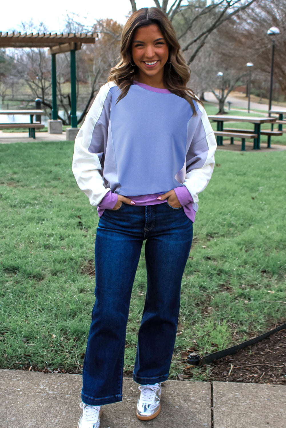 Blue Exposed Seam Colorblock Patchwork Ribbed Trim Pullover Sweatshirt