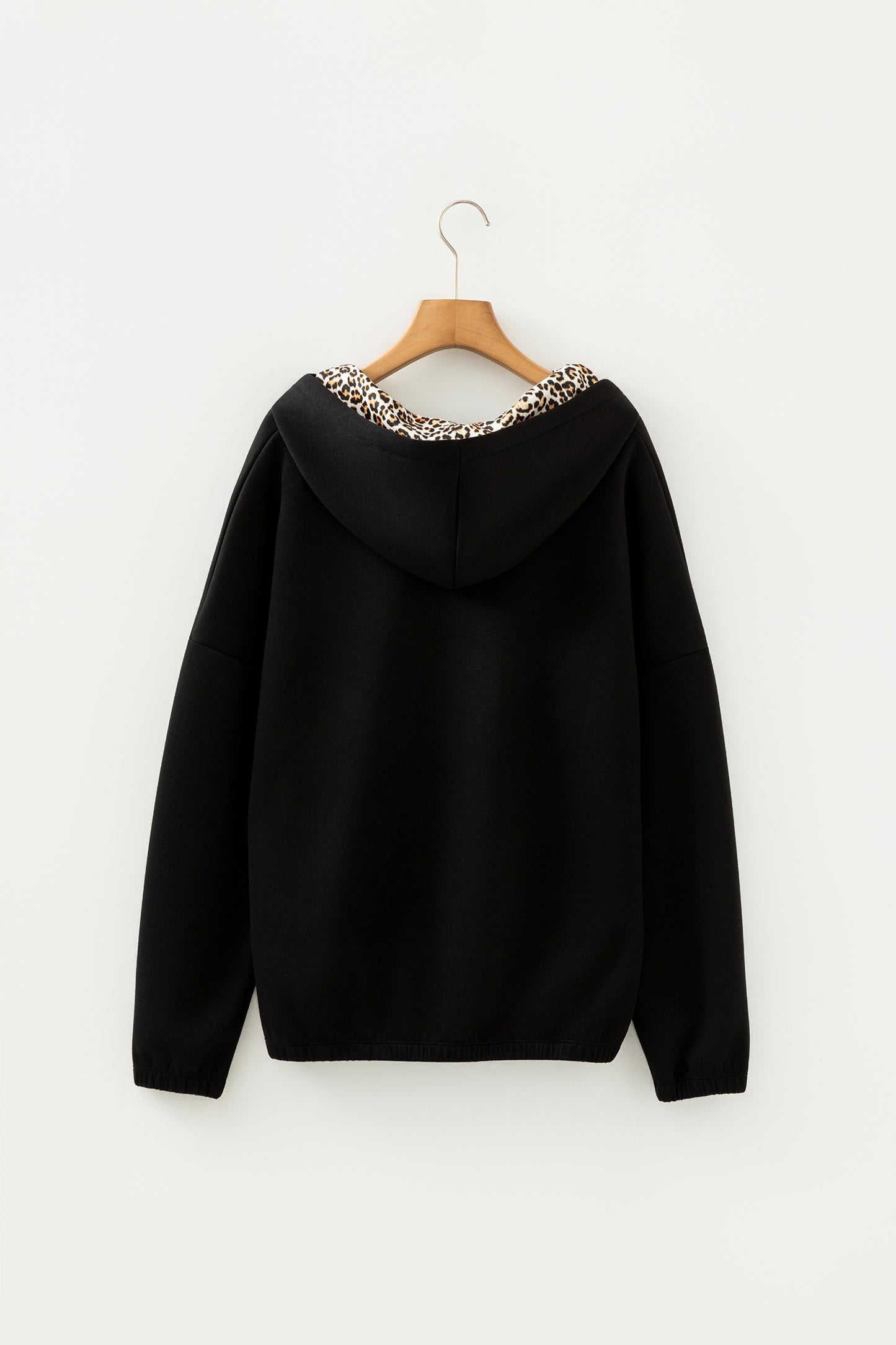 Black Elastic Cuffs Leopard Contrast Drawstring Hoodie