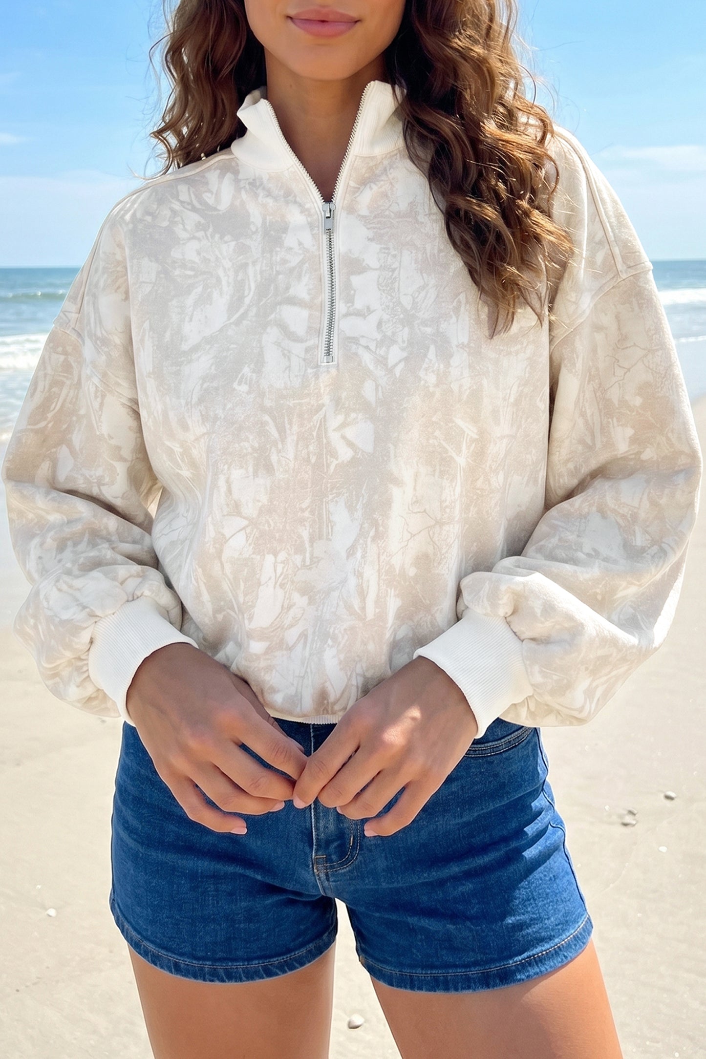 Khaki Camouflage Print Quarter-Zip Drop Shoulder Long Sleeve Sweatshirt