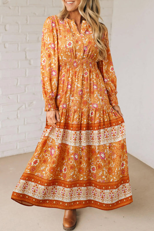 Orange Floral Print Smocked Waist Long Sleeve Boho Maxi Dress