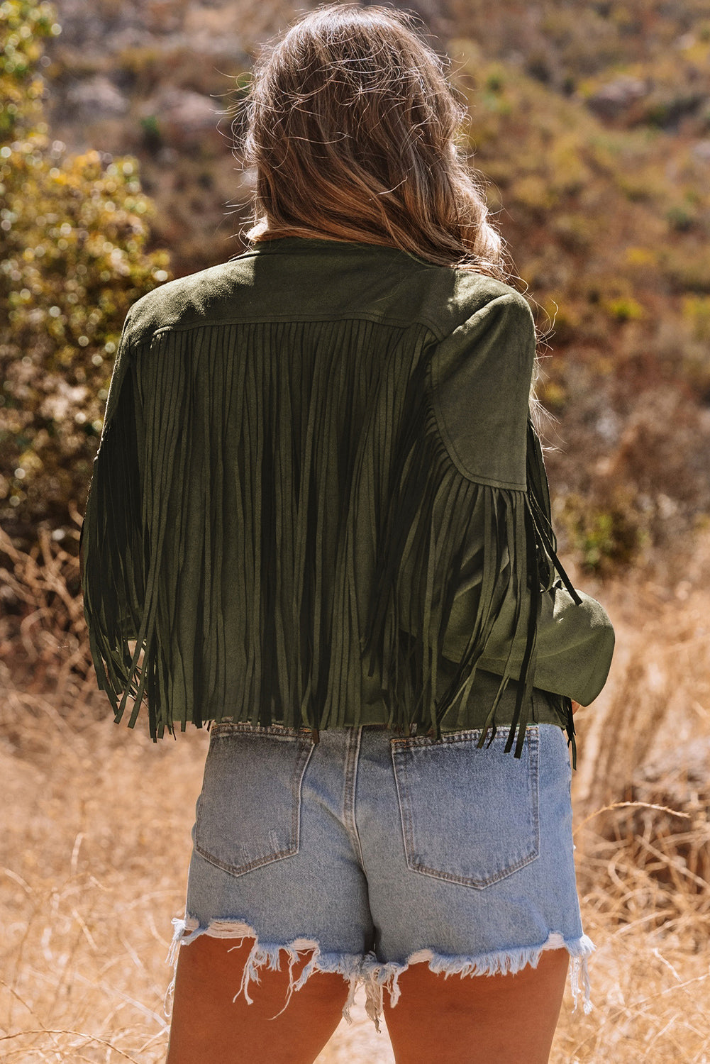 Green Cropped Fringe Faux Suede Jacket