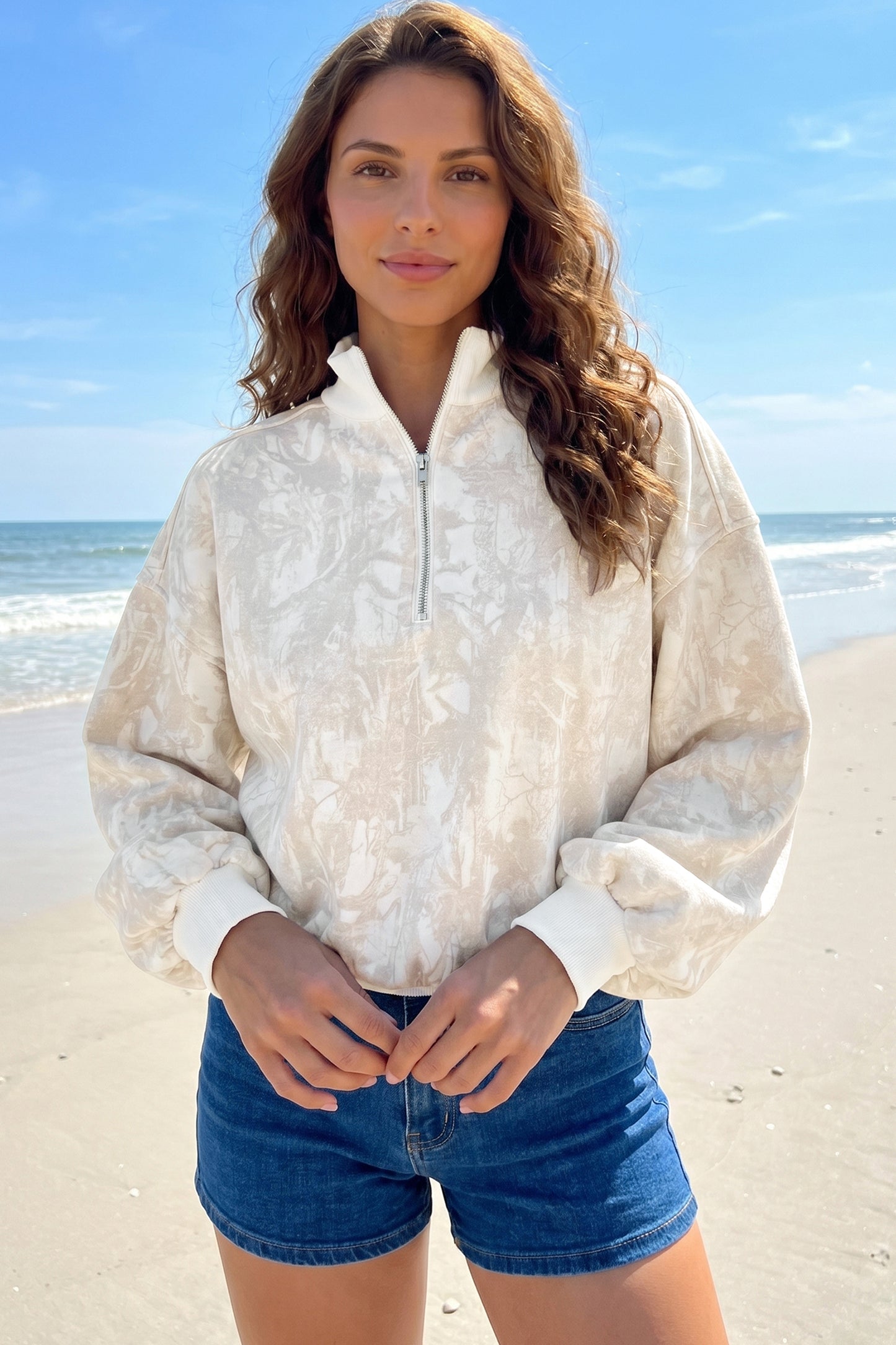 Khaki Camouflage Print Quarter-Zip Drop Shoulder Long Sleeve Sweatshirt