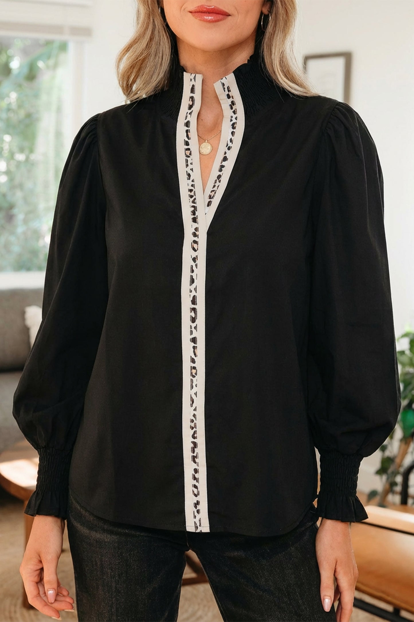 Black Puffy Flounce Sleeve Leopard Trim V Neck Blouse