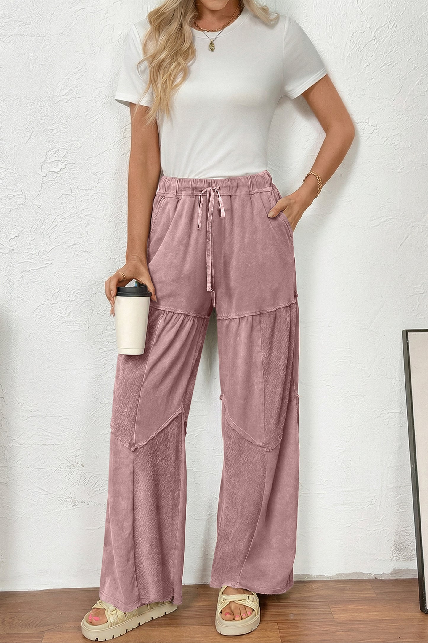 Careys Mineral Wash Tiered Wide Leg Patchwork Drawstring Pants