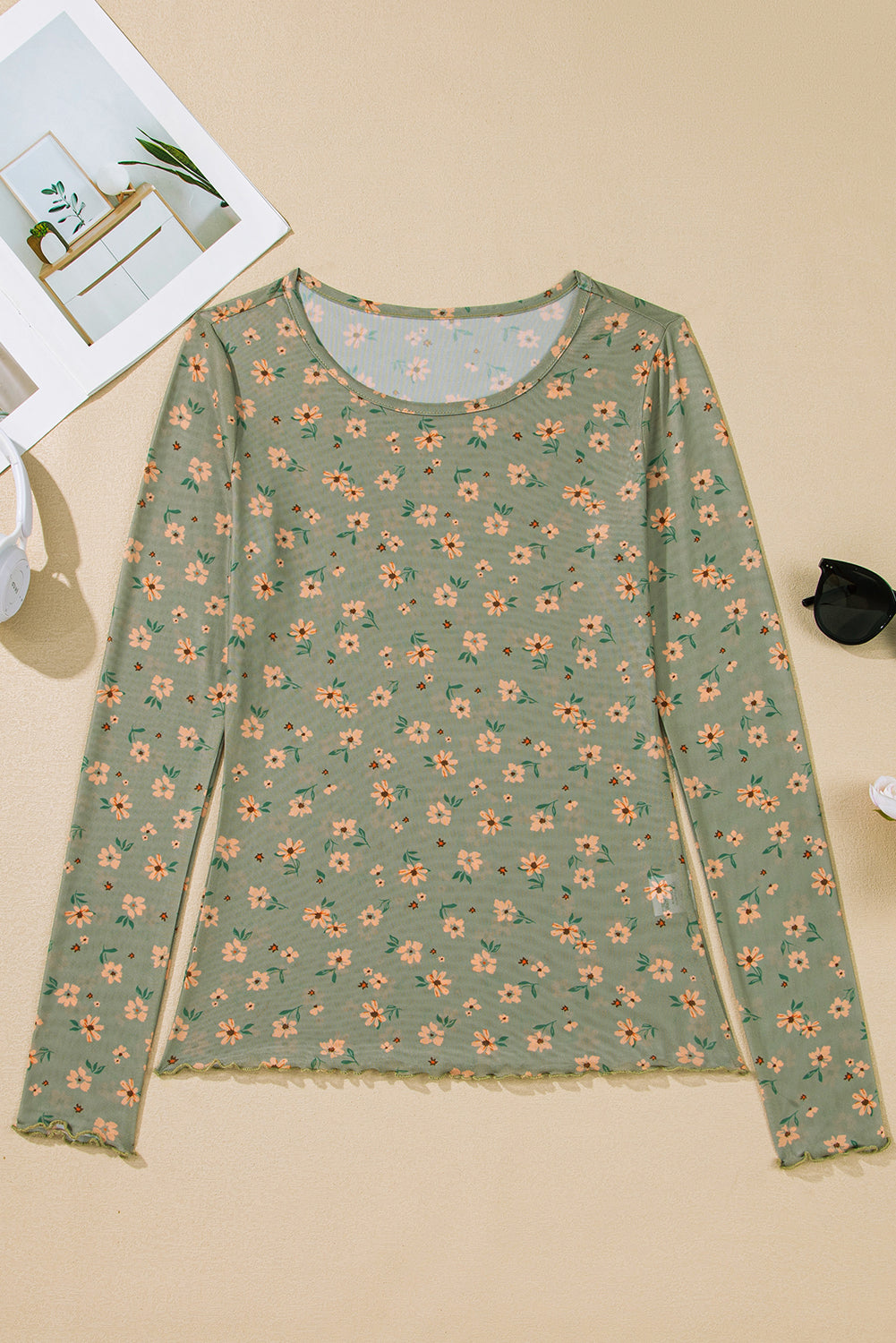 Laurel Green Vintage Floral Print Southern Style Mesh Long Sleeve Top