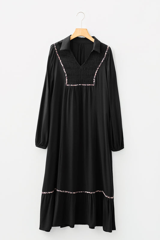 Black Collared V Neck Smocked Detail Contrast Leopard Trim Bracelet Sleeve Long Dress