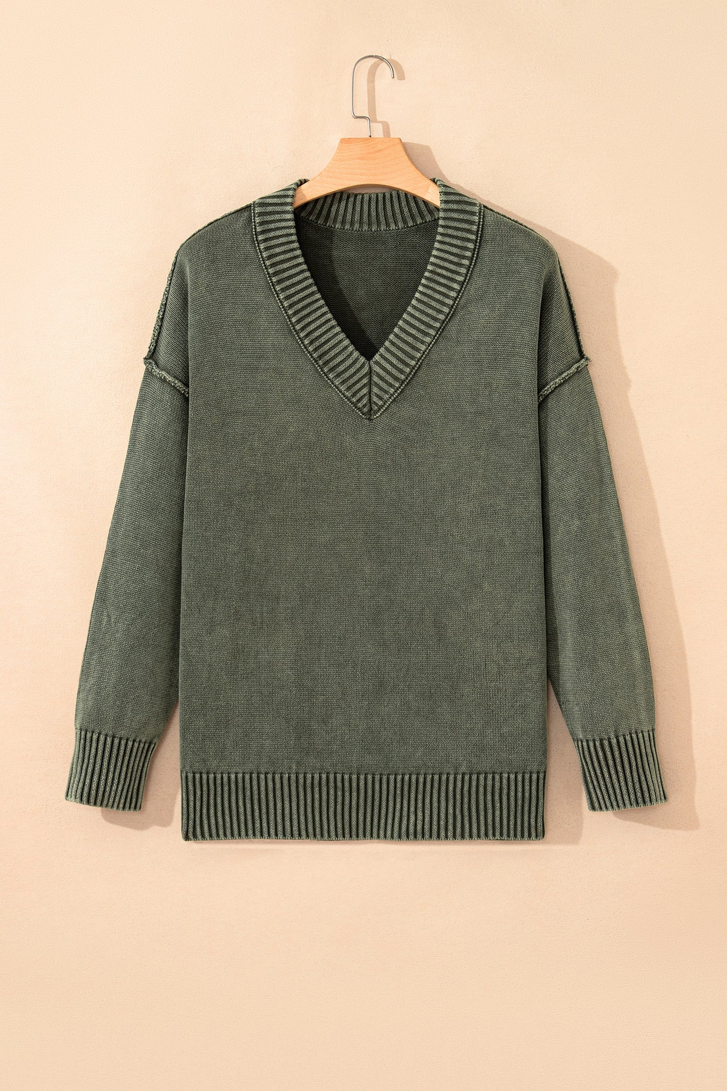 Four Leaf Clover Mineral Wash V Neck Knit Exposed Seam Drop Shoulder Loose Sweater