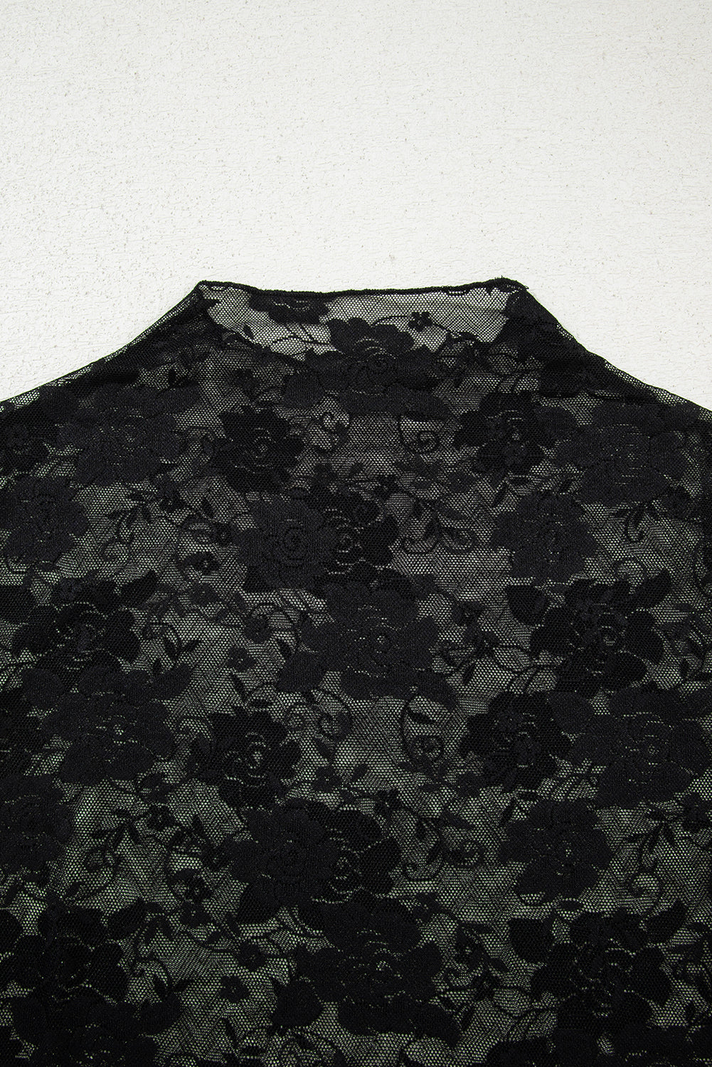 Black Sheer Floral Lace Mesh Mock Neck Long Sleeve Top