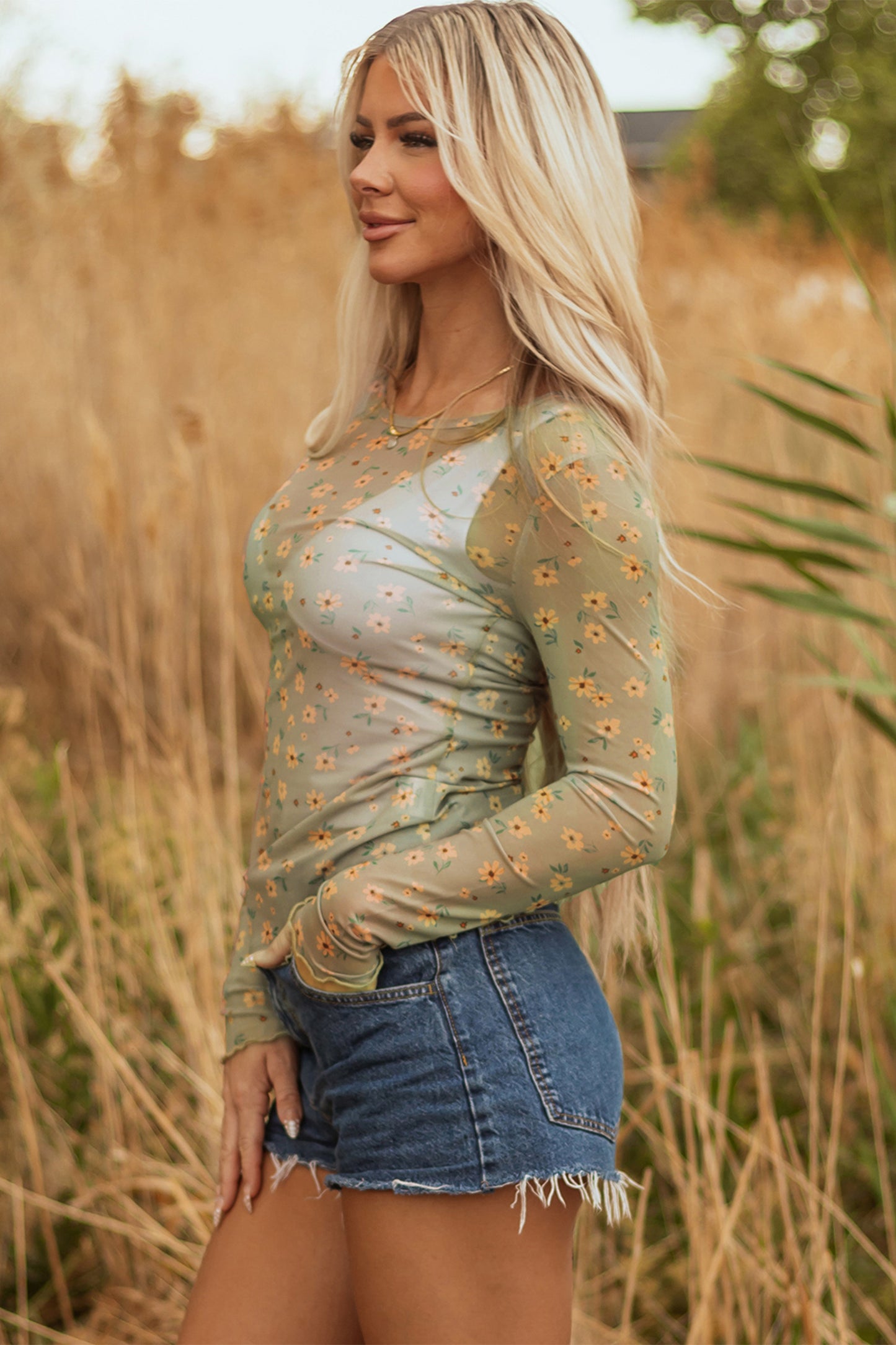 Laurel Green Vintage Floral Print Southern Style Mesh Long Sleeve Top