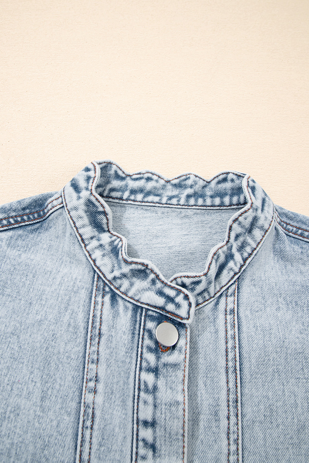 Beau Blue Scalloped Trim Patch Pocket Button Front Denim Vest