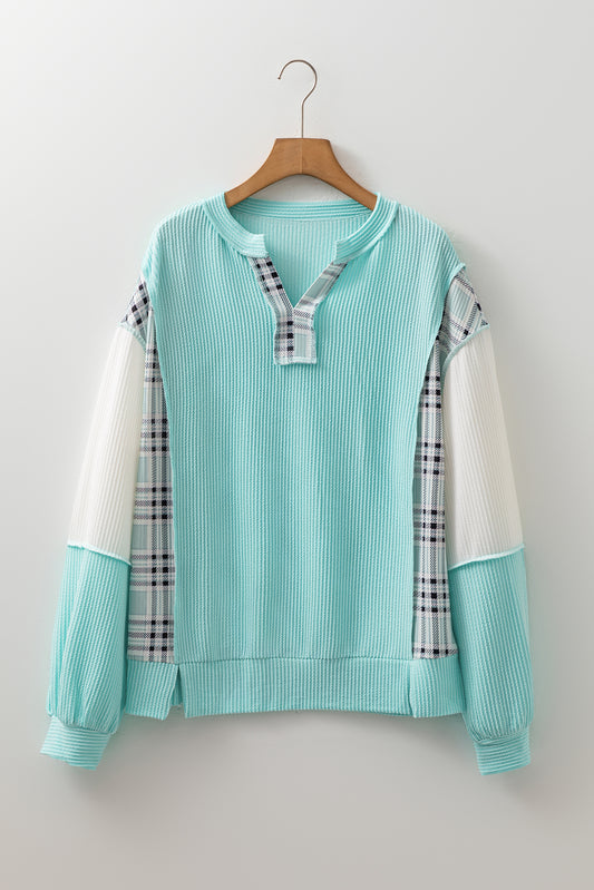 Aruba Blue Corded Texture Colorblock Patchwork Split Neck Long Sleeve Top