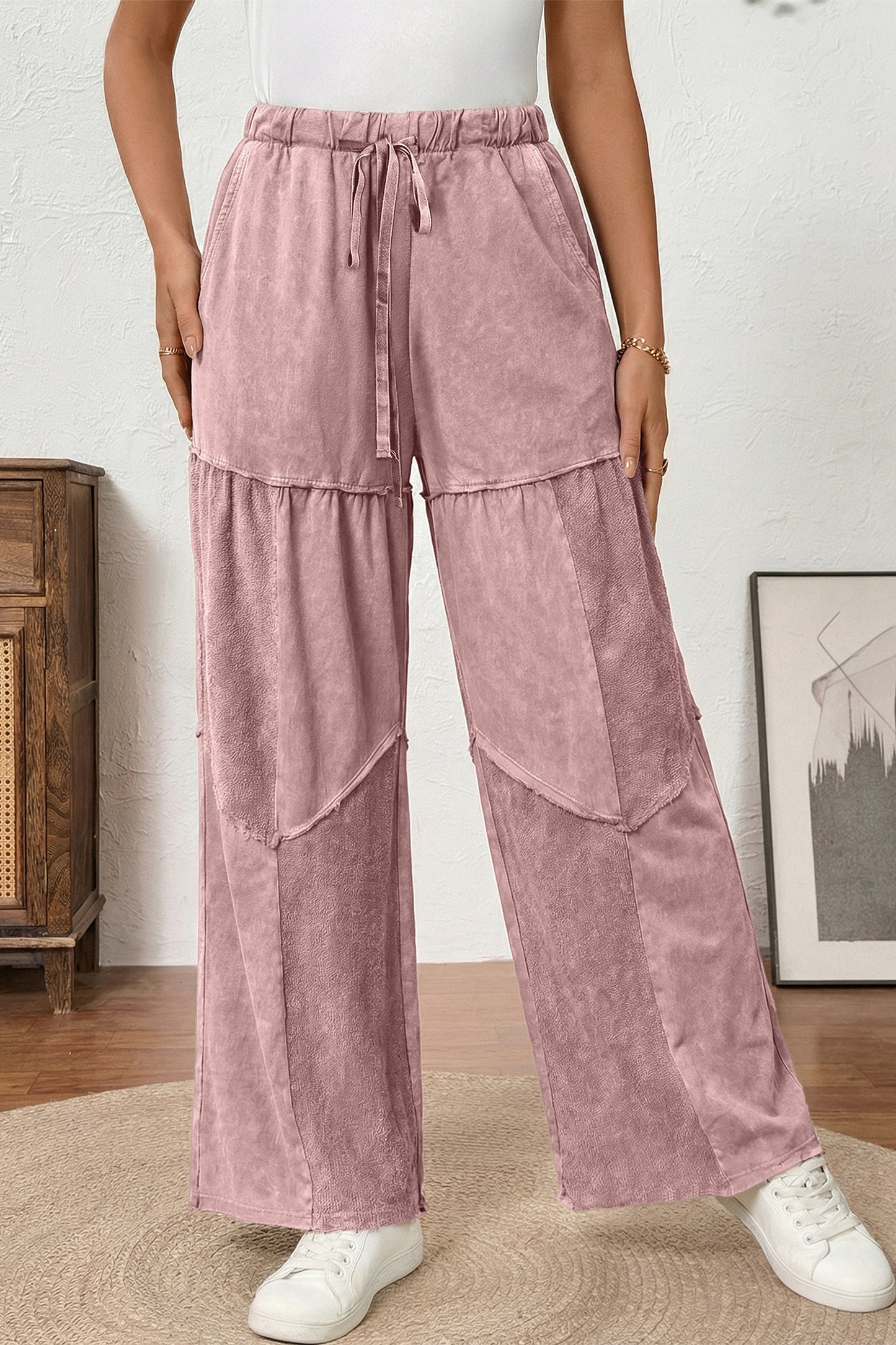 Careys Mineral Wash Tiered Wide Leg Patchwork Drawstring Pants