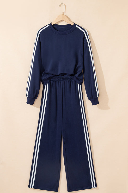 Dirty blue Varsity Striped Detail Crewneck Pullover Elastic Sweatpants 2pcs Outfit