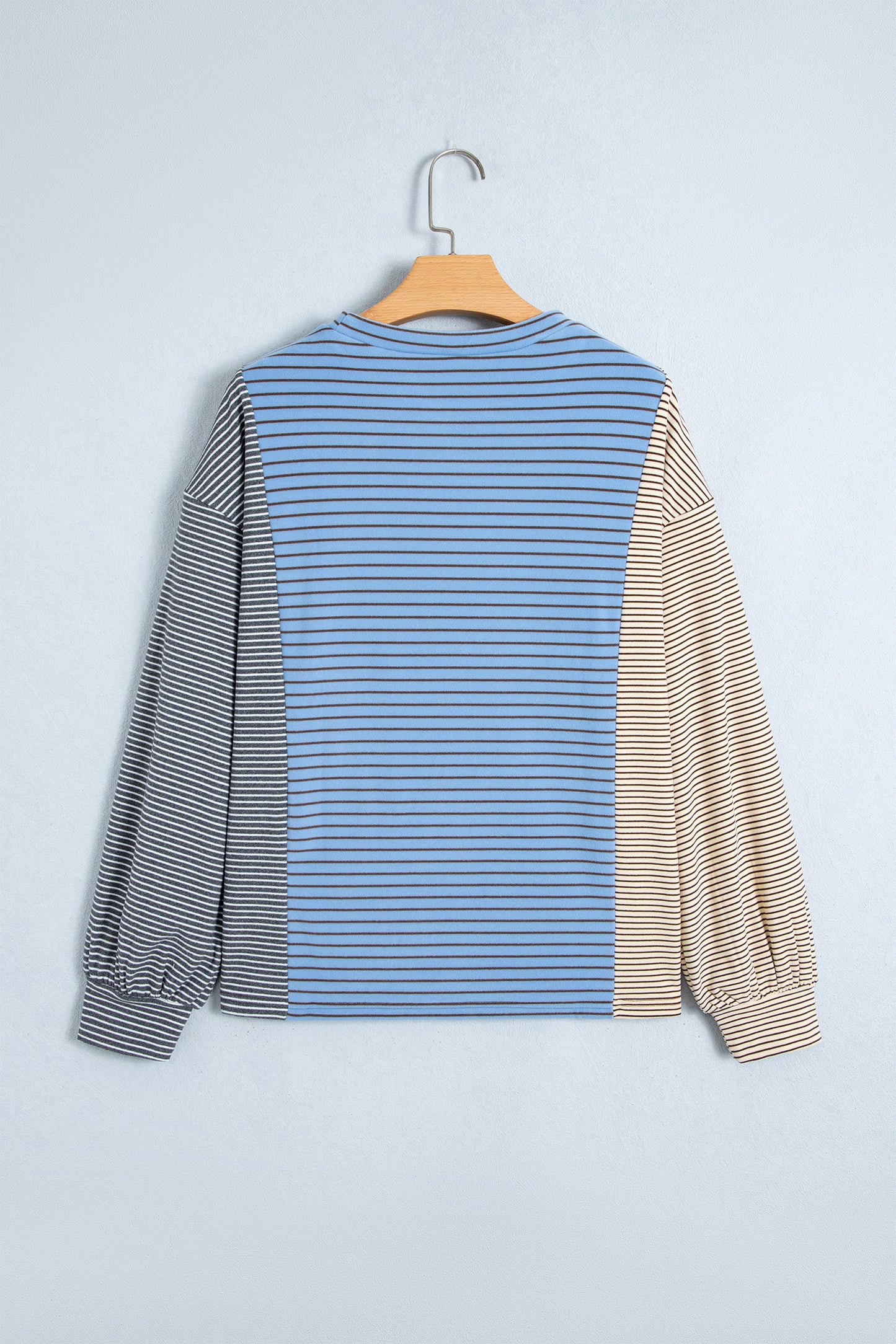 Sky Blue Stripe Color Block Contrast Long Sleeve Round Neck Casual Shift Pullover