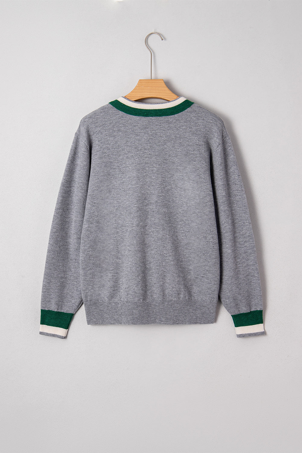 Gray Contrast Striped Trim V Neck Varsity Sweater