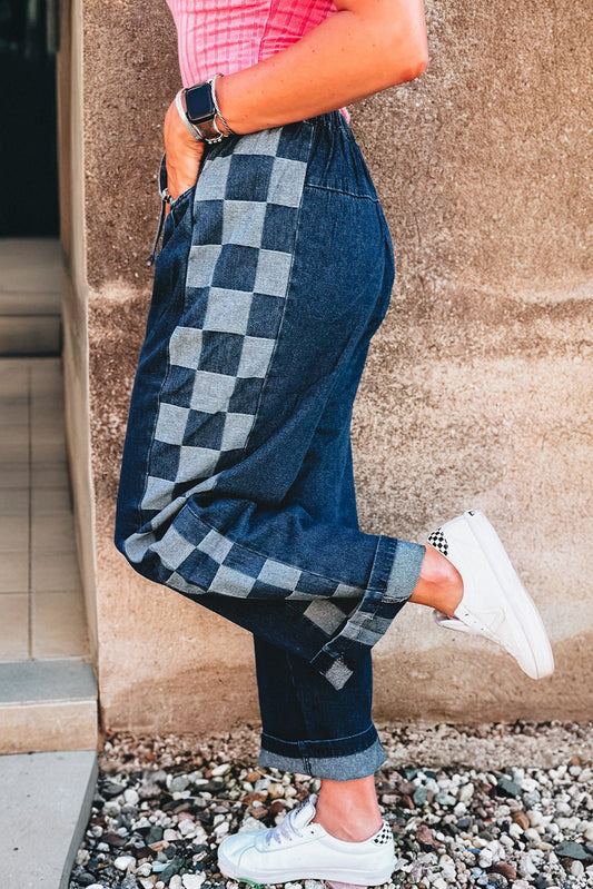 Sail Blue Checkered Side Panel Patchwork Drawstring Loose Denim Pants