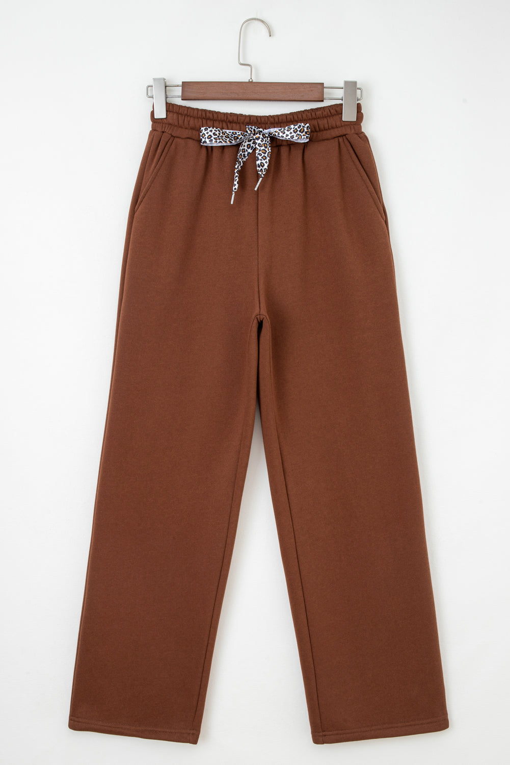 Dear Lovers Coffee Fleece Lined Leopard Drawstring Elastic Waist Solid Pants