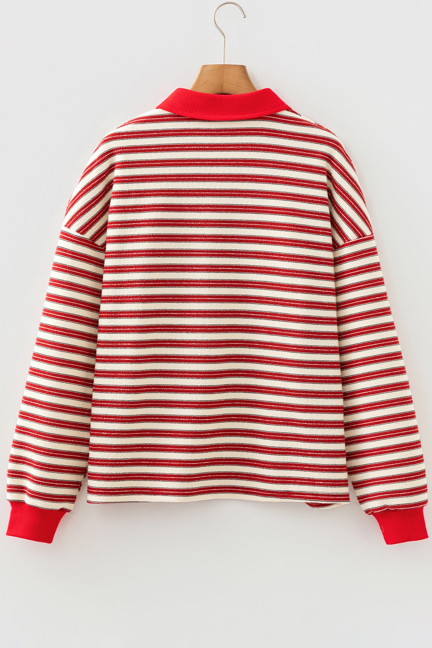 Racing Red Striped Print Contrast Collar Zip V Neck Long Sleeve Top