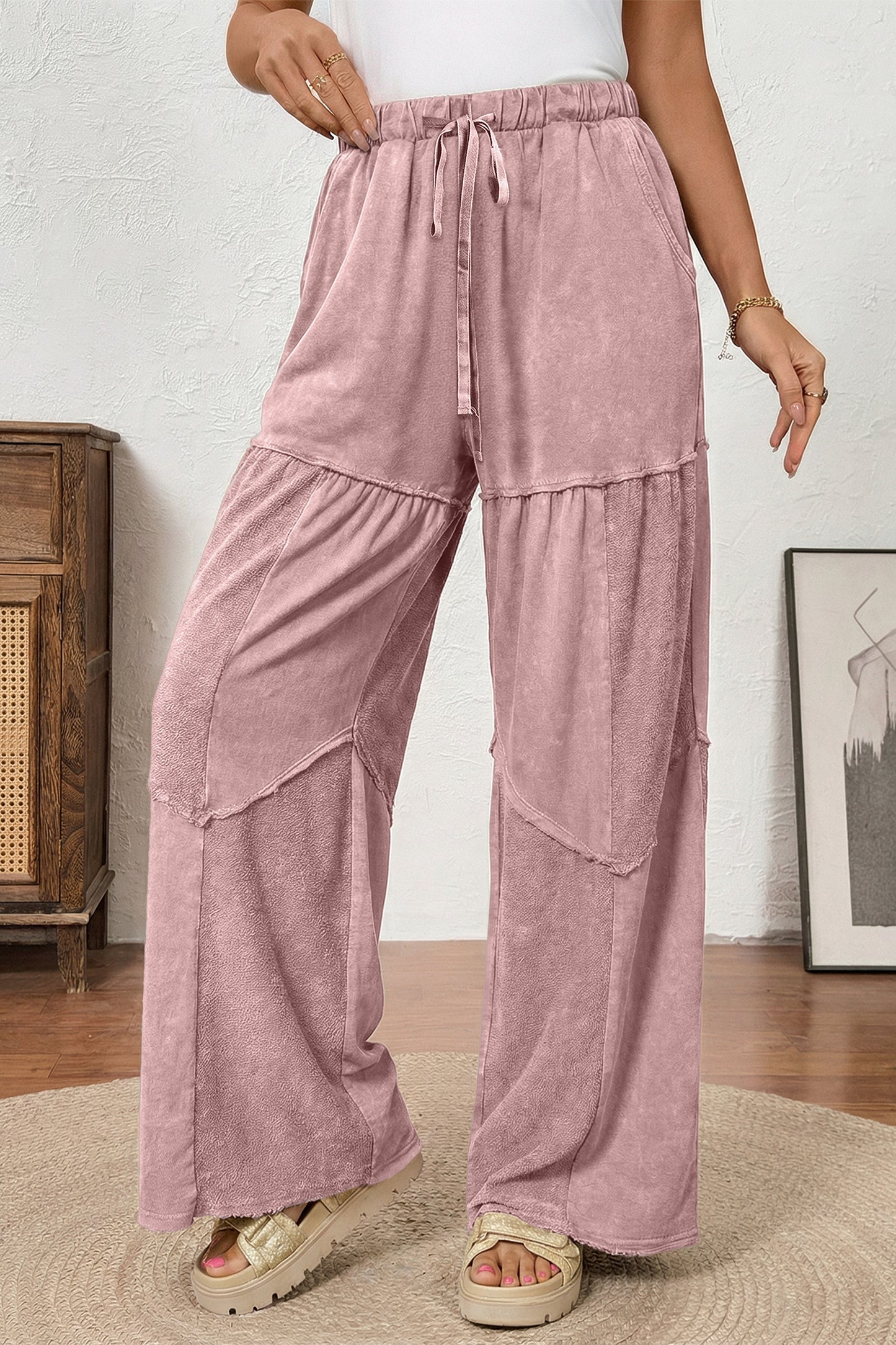 Careys Mineral Wash Tiered Wide Leg Patchwork Drawstring Pants
