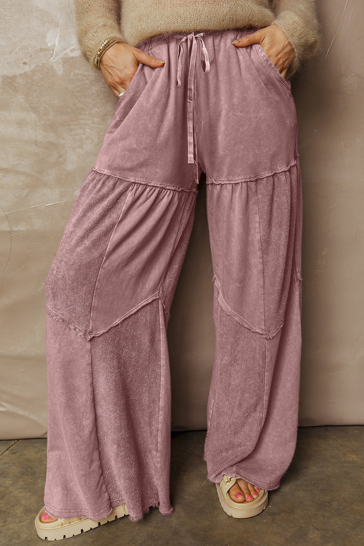 Careys Mineral Wash Tiered Wide Leg Patchwork Drawstring Pants