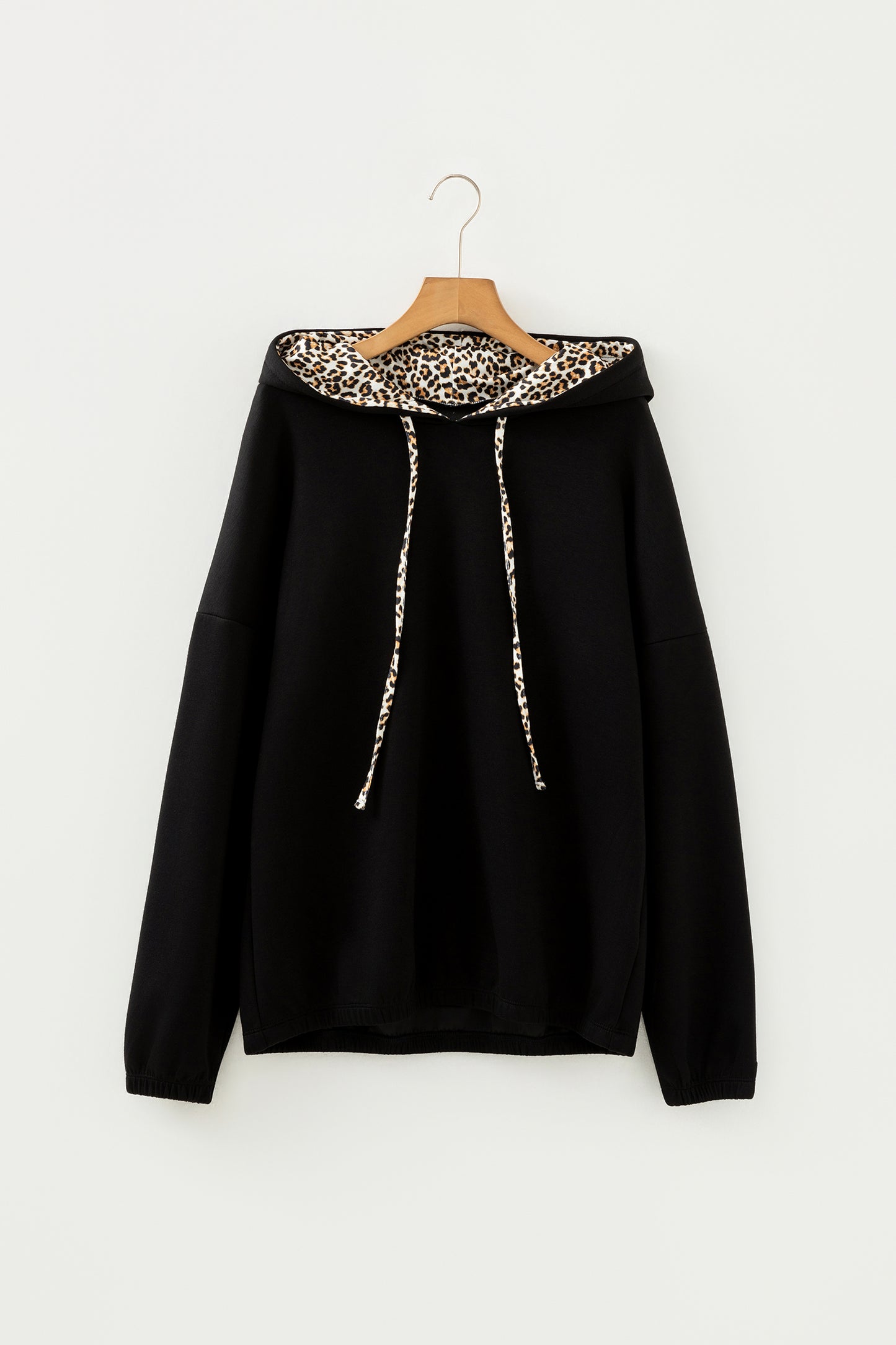 Black Elastic Cuffs Leopard Contrast Drawstring Hoodie