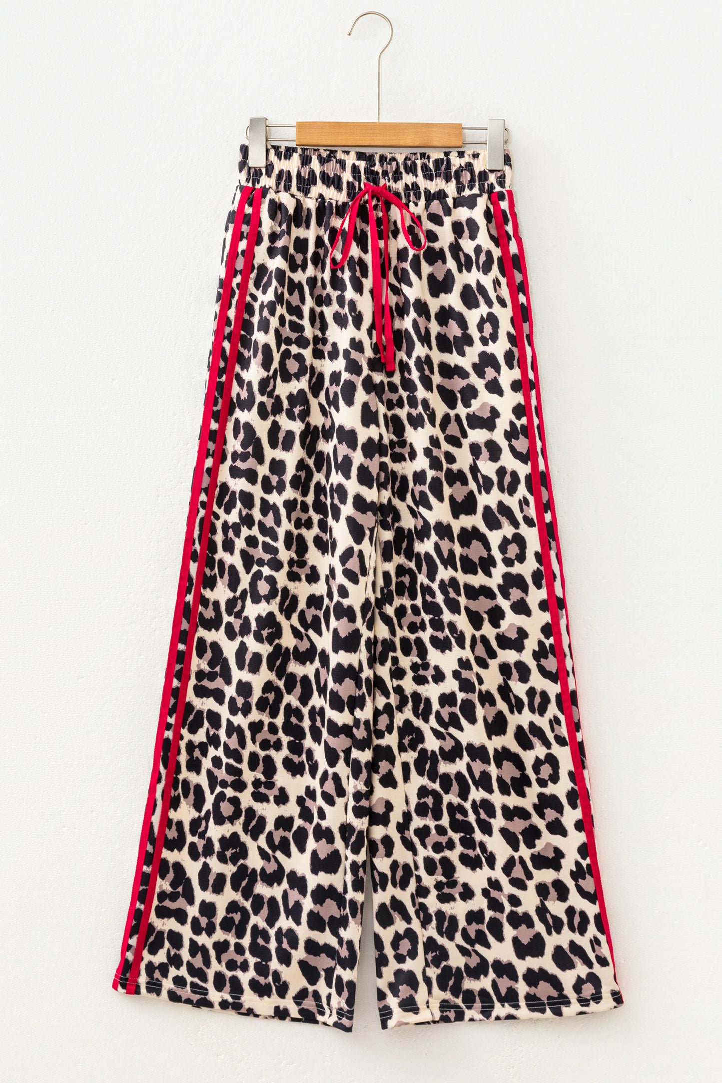Red Contrast Detail Tie Waist Leopard Print Casual Pants